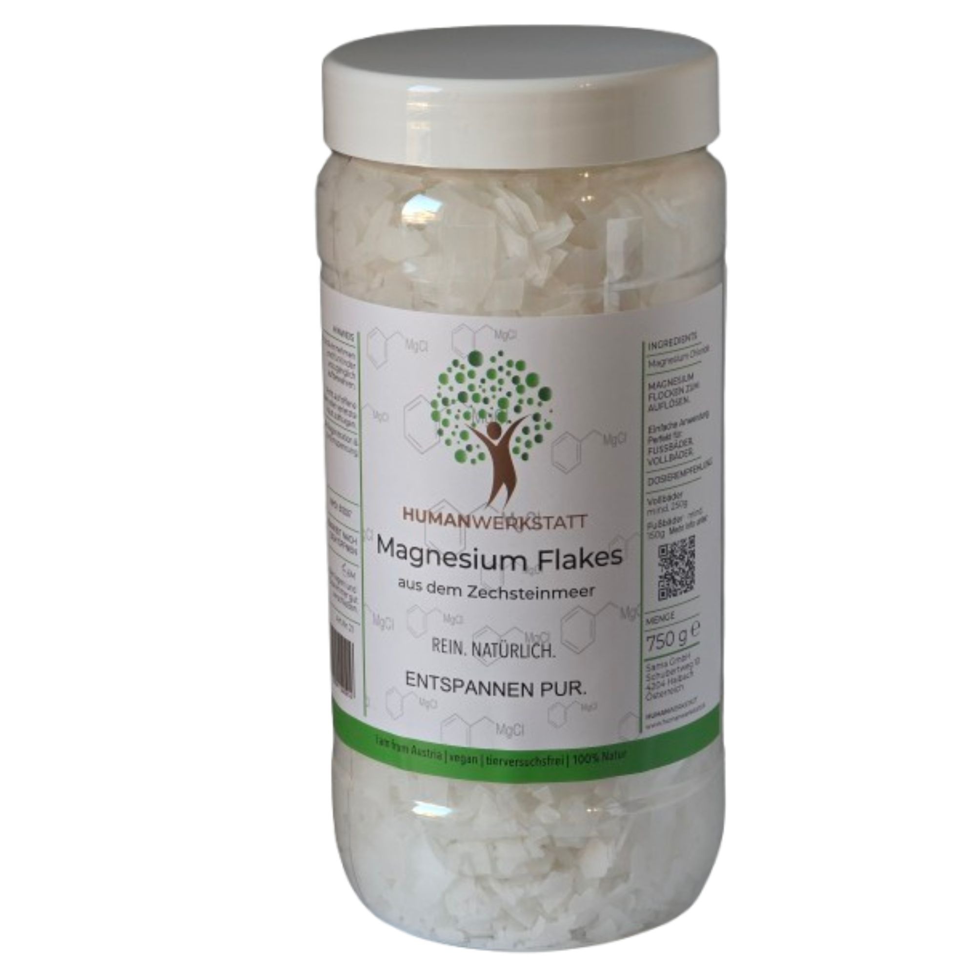 Humanwerkstatt Magnesium Flocken – natürliches Magnesium für Bad und Regeneration Magnesium Flocken aus dem Zechsteinmeer im Behälter von Humanwerkstatt