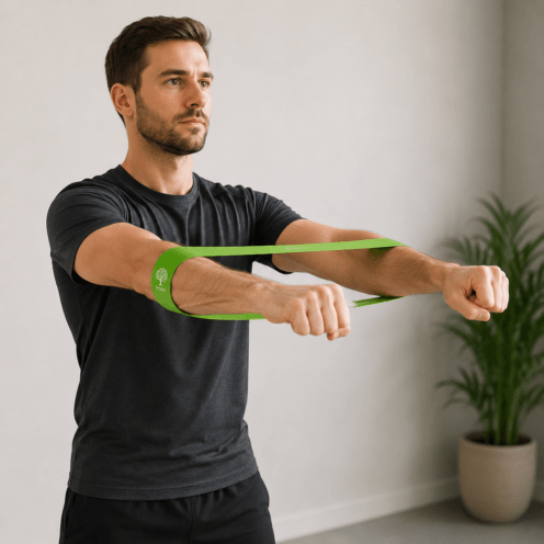 Grünes Humanwerkstatt Widerstandsband beim Oberkörper- und Armtraining